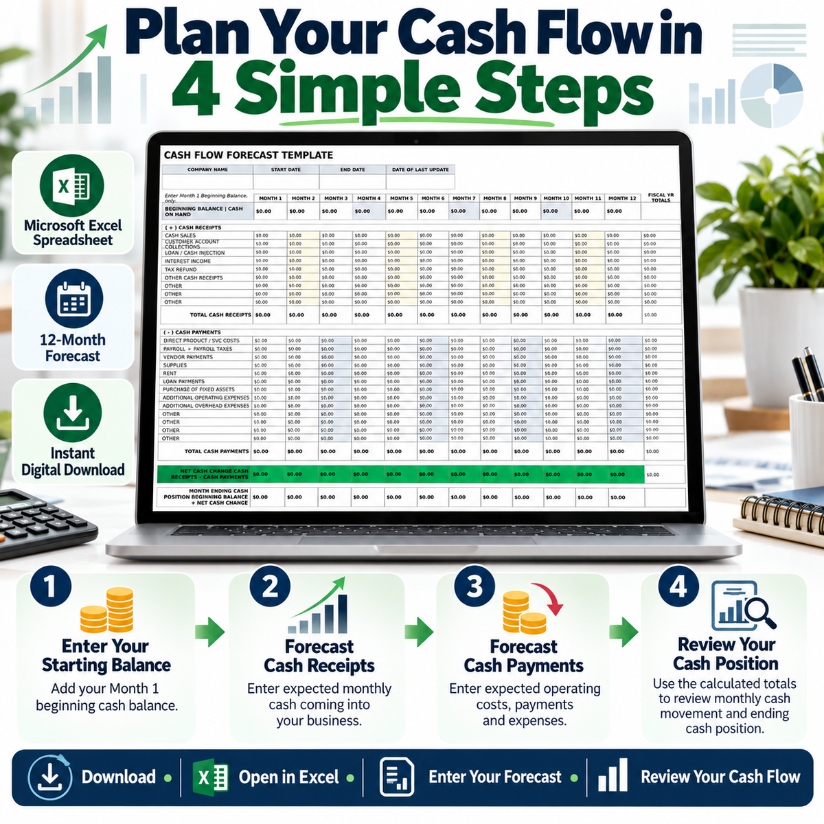 Cash Flow Forecast Excel Template | 12 Month Cash Flow Projection Spreadsheet | Business Cash Flow Planner