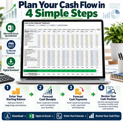 Cash Flow Forecast Excel Template | 12 Month Cash Flow Projection Spreadsheet | Business Cash Flow Planner