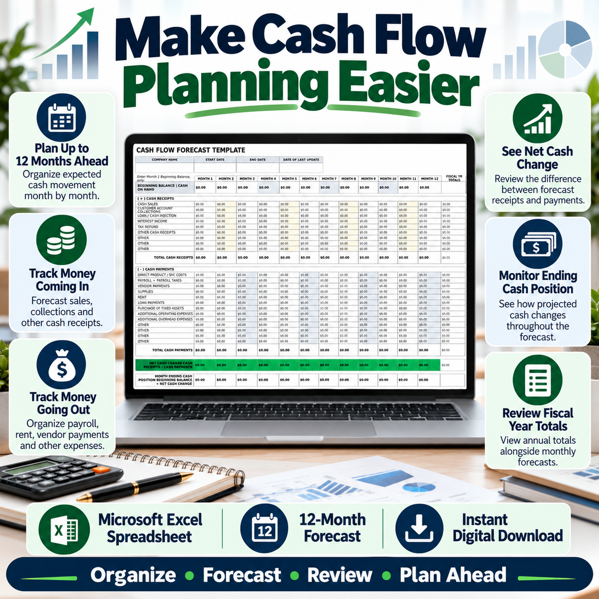 Cash Flow Forecast Excel Template | 12 Month Cash Flow Projection Spreadsheet | Business Cash Flow Planner
