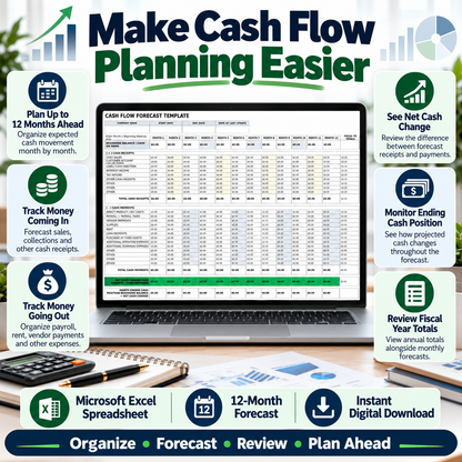 Cash Flow Forecast Excel Template | 12 Month Cash Flow Projection Spreadsheet | Business Cash Flow Planner