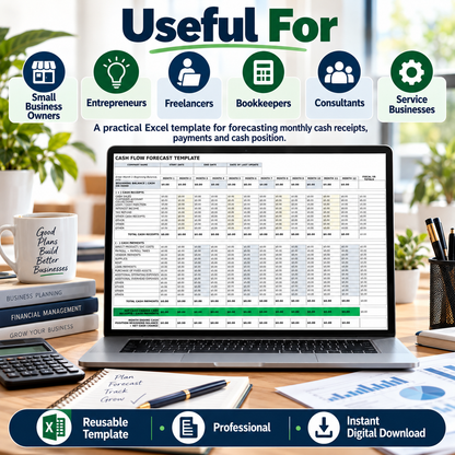 Cash Flow Forecast Excel Template | 12 Month Cash Flow Projection Spreadsheet | Business Cash Flow Planner