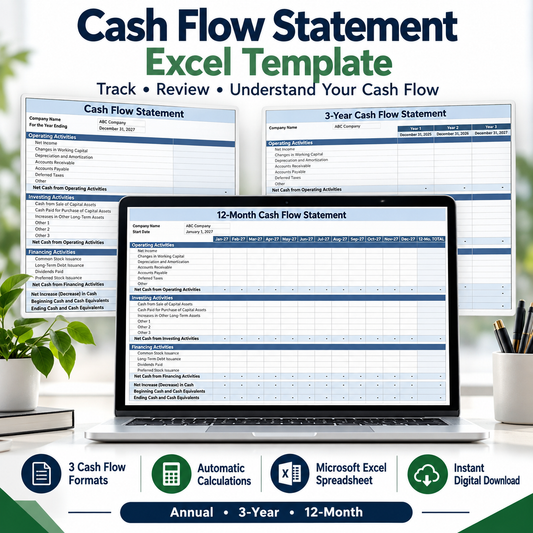 Cash Flow Statement Excel Template | 12 Month & 3 Year Cash Flow Spreadsheet | Business Finance Tracker