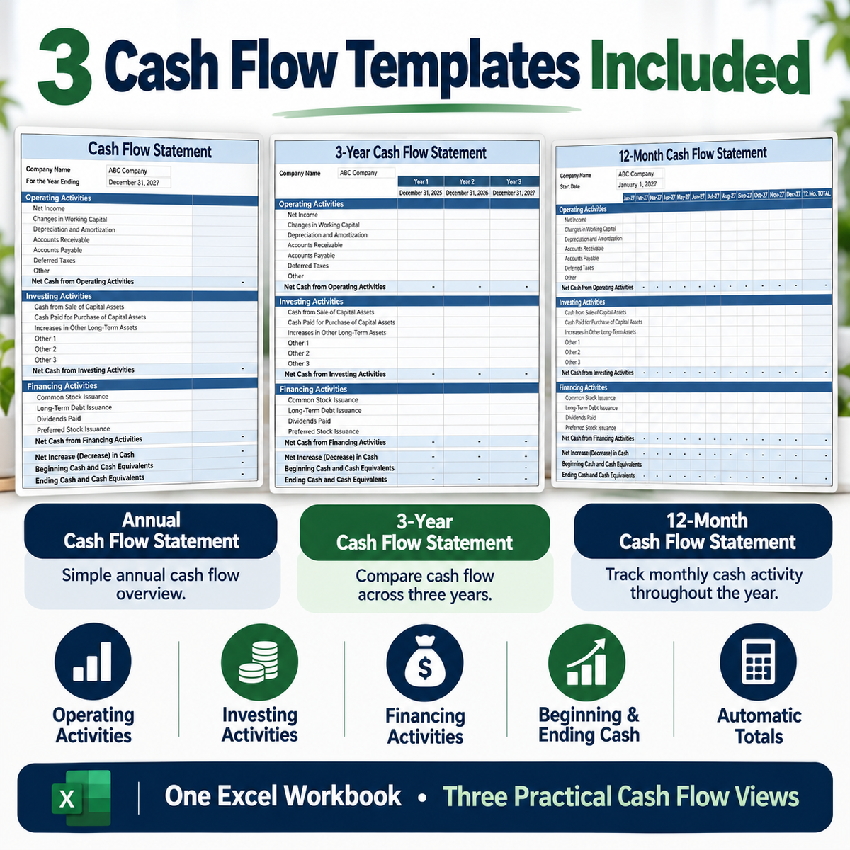 Cash Flow Statement Excel Template | 12 Month & 3 Year Cash Flow Spreadsheet | Business Finance Tracker