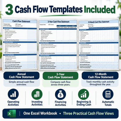 Cash Flow Statement Excel Template | 12 Month & 3 Year Cash Flow Spreadsheet | Business Finance Tracker