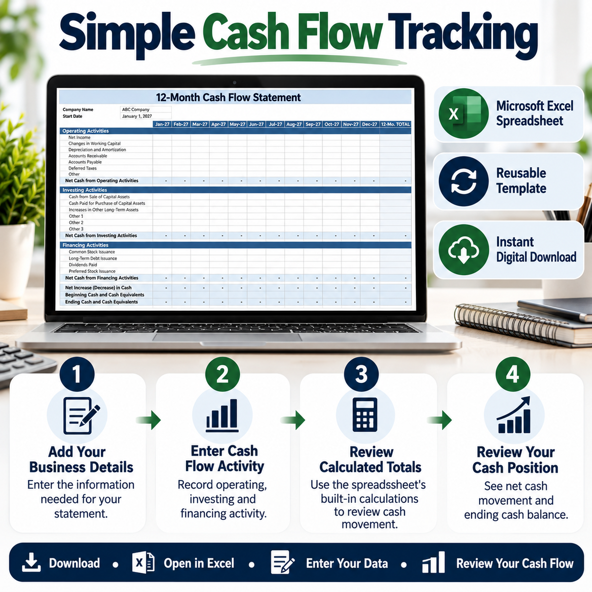 Cash Flow Statement Excel Template | 12 Month & 3 Year Cash Flow Spreadsheet | Business Finance Tracker