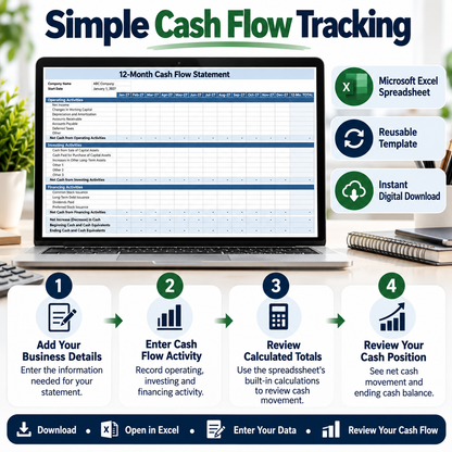 Cash Flow Statement Excel Template | 12 Month & 3 Year Cash Flow Spreadsheet | Business Finance Tracker