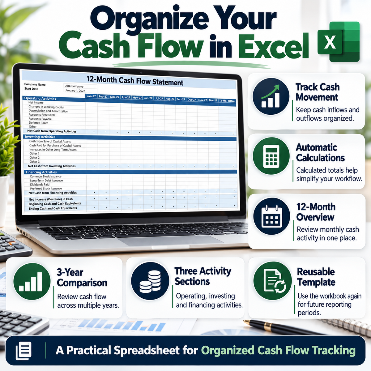 Cash Flow Statement Excel Template | 12 Month & 3 Year Cash Flow Spreadsheet | Business Finance Tracker