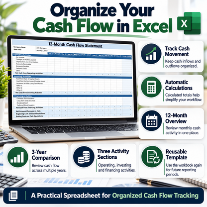 Cash Flow Statement Excel Template | 12 Month & 3 Year Cash Flow Spreadsheet | Business Finance Tracker