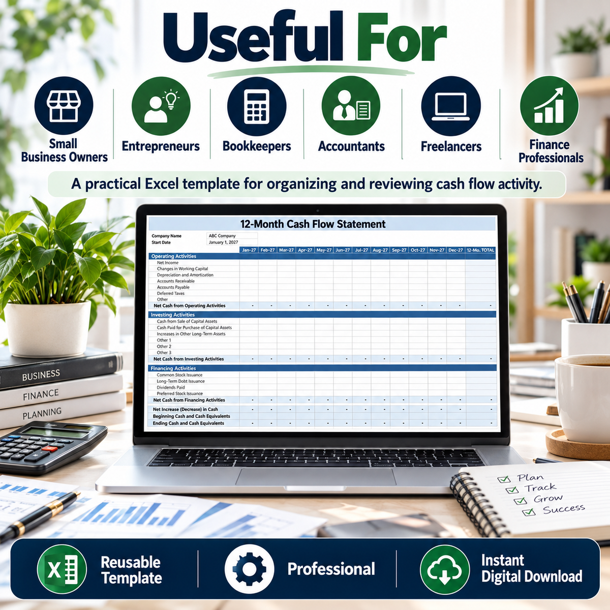 Cash Flow Statement Excel Template | 12 Month & 3 Year Cash Flow Spreadsheet | Business Finance Tracker