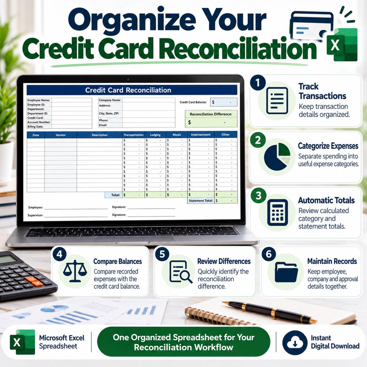 Credit Card Reconciliation Excel Template | Business Expense Tracker & Reconciliation Spreadsheet