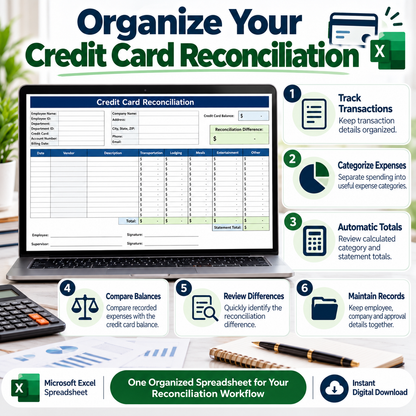 Credit Card Reconciliation Excel Template | Business Expense Tracker & Reconciliation Spreadsheet