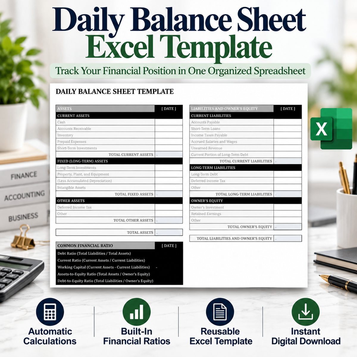 Daily Balance Sheet Excel Template | Assets, Liabilities & Equity Spreadsheet | Automatic Financial Ratio Calculator