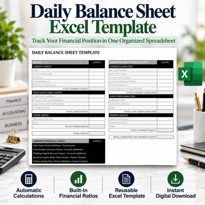 Daily Balance Sheet Excel Template | Assets, Liabilities & Equity Spreadsheet | Automatic Financial Ratio Calculator