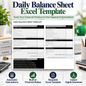Daily Balance Sheet Excel Template | Assets, Liabilities & Equity Spreadsheet | Automatic Financial Ratio Calculator