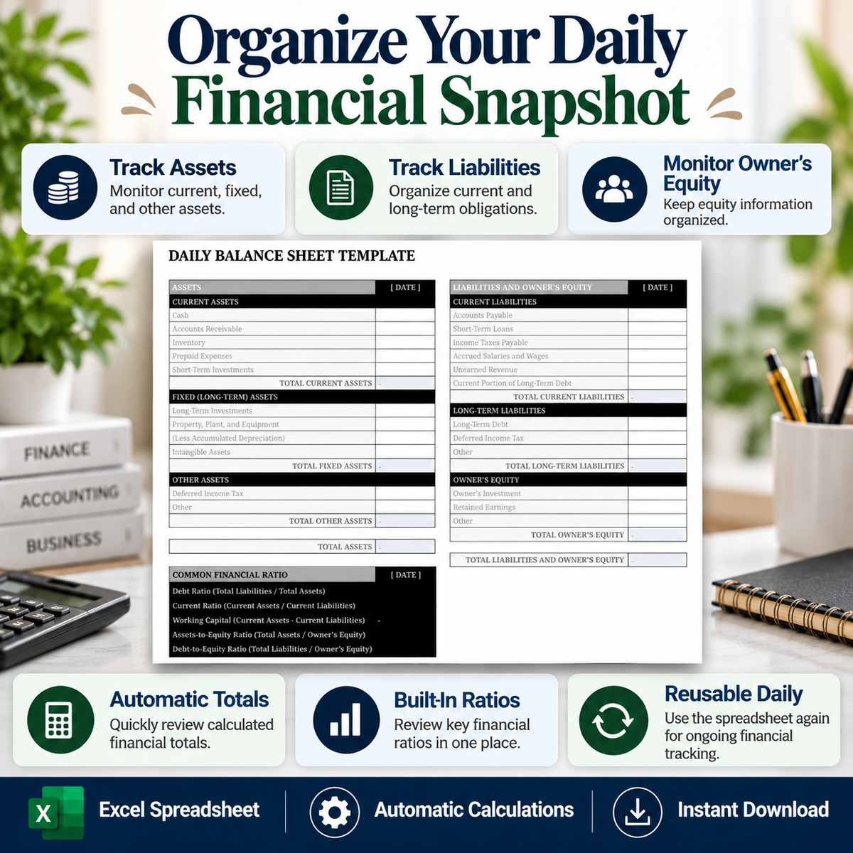 Daily Balance Sheet Excel Template | Assets, Liabilities & Equity Spreadsheet | Automatic Financial Ratio Calculator