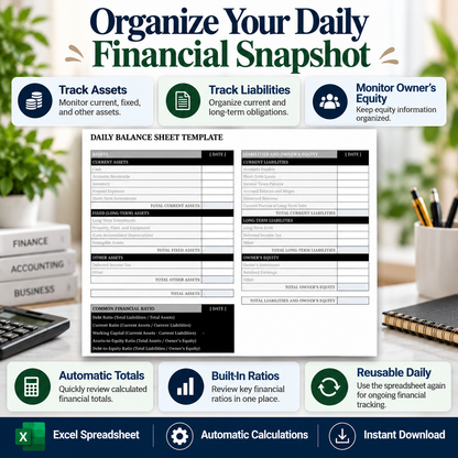 Daily Balance Sheet Excel Template | Assets, Liabilities & Equity Spreadsheet | Automatic Financial Ratio Calculator