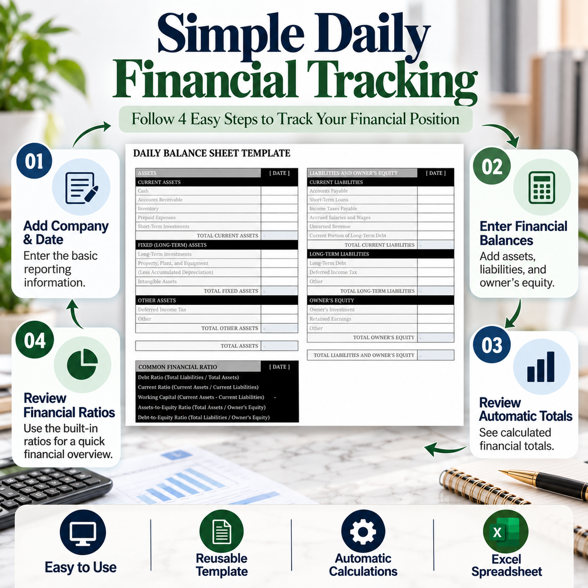 Daily Balance Sheet Excel Template | Assets, Liabilities & Equity Spreadsheet | Automatic Financial Ratio Calculator