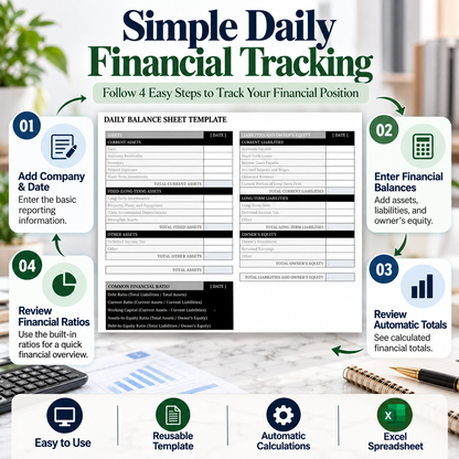 Daily Balance Sheet Excel Template | Assets, Liabilities & Equity Spreadsheet | Automatic Financial Ratio Calculator