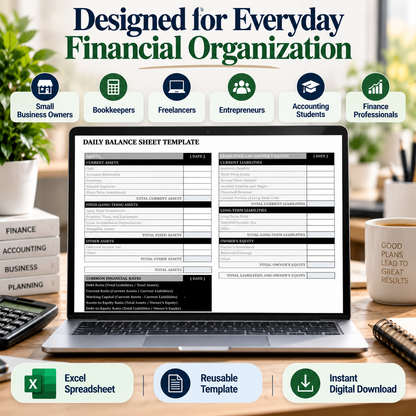 Daily Balance Sheet Excel Template | Assets, Liabilities & Equity Spreadsheet | Automatic Financial Ratio Calculator