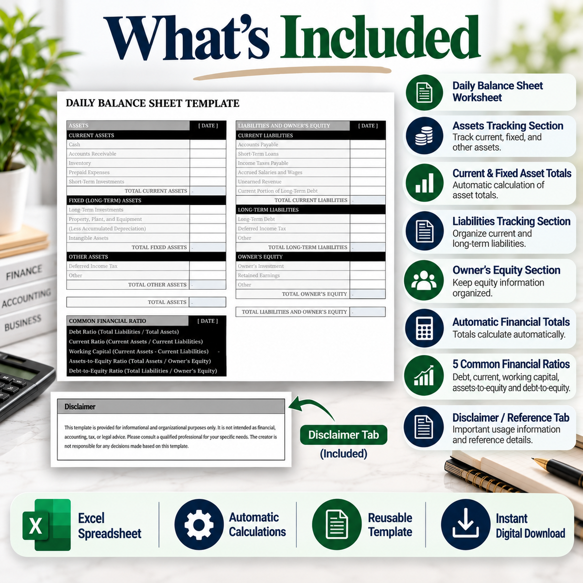 Daily Balance Sheet Excel Template | Assets, Liabilities & Equity Spreadsheet | Automatic Financial Ratio Calculator