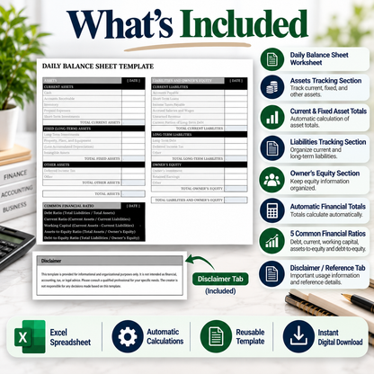 Daily Balance Sheet Excel Template | Assets, Liabilities & Equity Spreadsheet | Automatic Financial Ratio Calculator