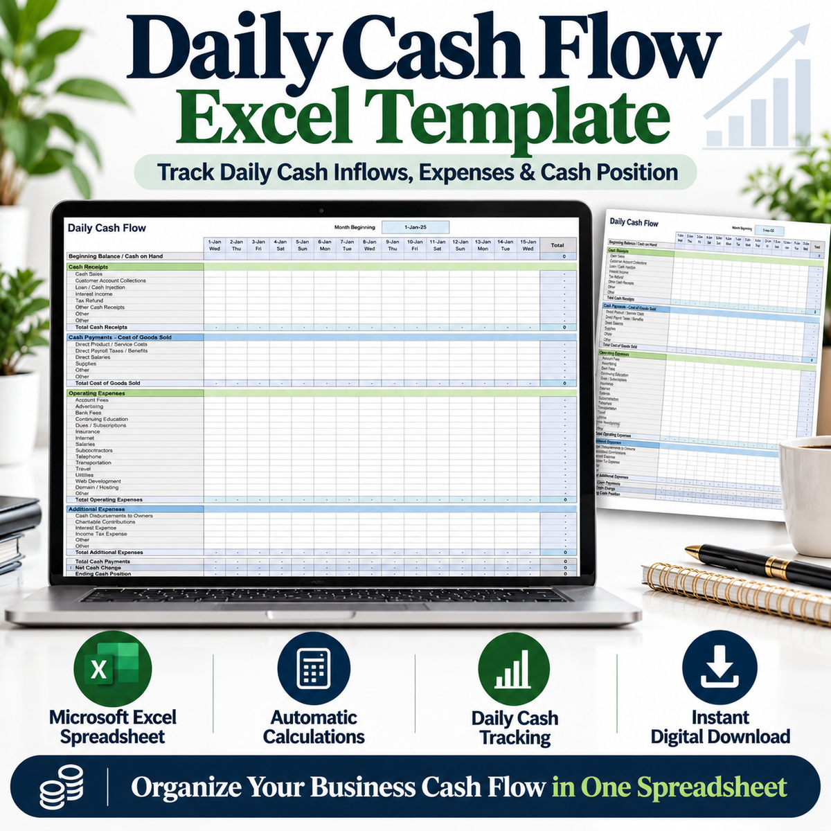Daily Cash Flow Excel Template | Business Cash Flow Tracker Spreadsheet