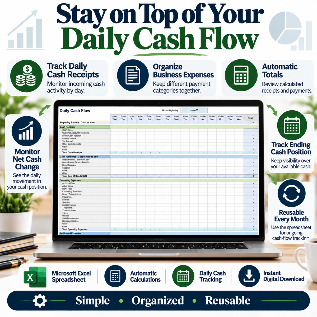 Daily Cash Flow Excel Template | Business Cash Flow Tracker Spreadsheet