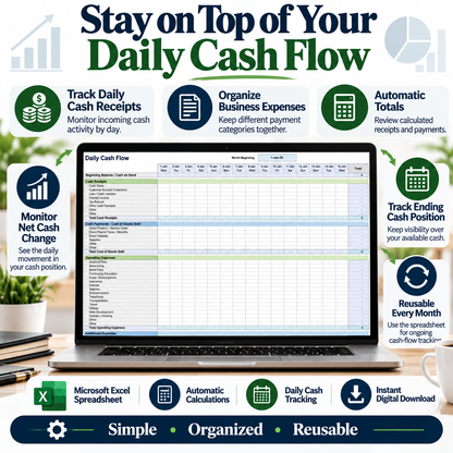 Daily Cash Flow Excel Template | Business Cash Flow Tracker Spreadsheet