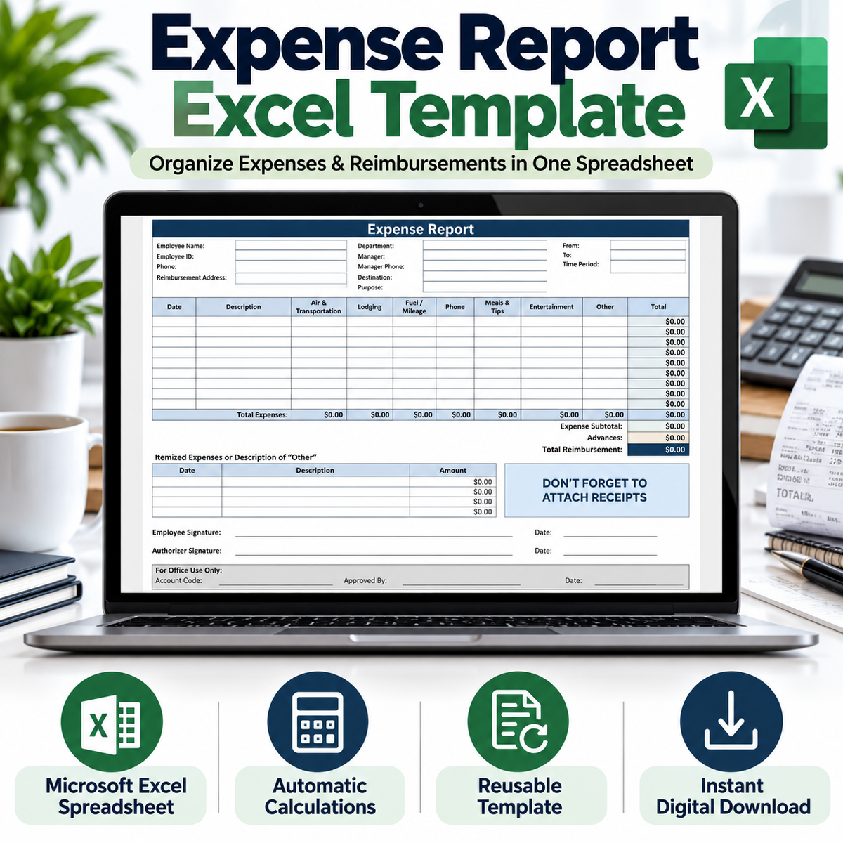 Expense Report Excel Spreadsheet Template | Business Expense Tracker & Reimbursement Form