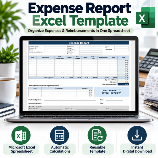 Expense Report Excel Spreadsheet Template | Business Expense Tracker & Reimbursement Form