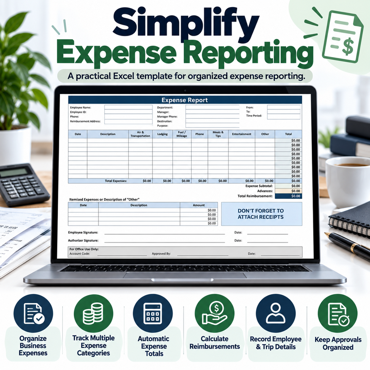 Expense Report Excel Spreadsheet Template | Business Expense Tracker & Reimbursement Form