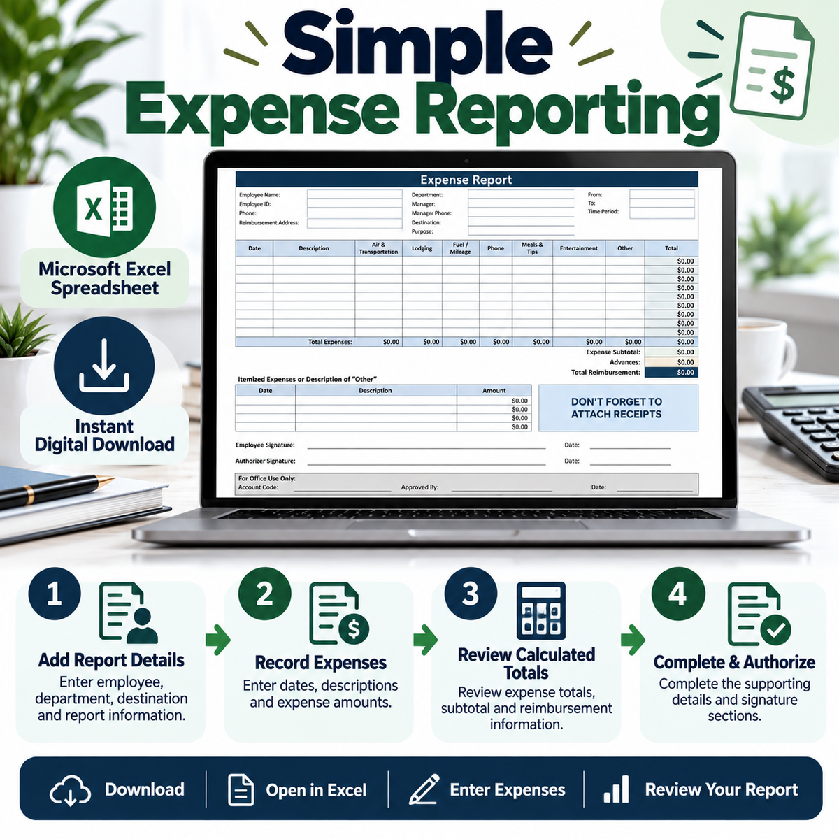 Expense Report Excel Spreadsheet Template | Business Expense Tracker & Reimbursement Form