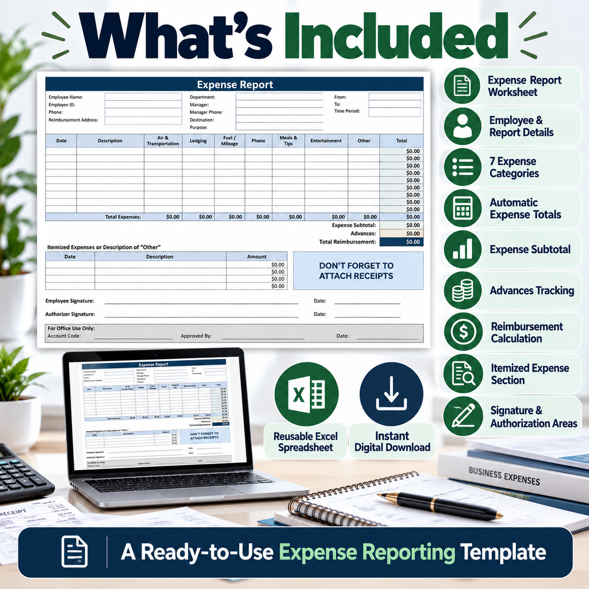 Expense Report Excel Spreadsheet Template | Business Expense Tracker & Reimbursement Form