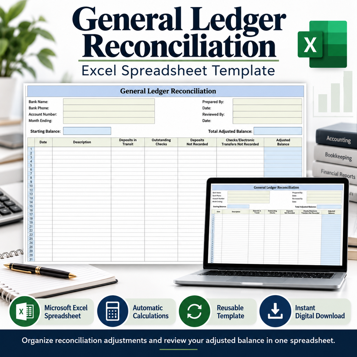 General Ledger Reconciliation Excel Template | Accounting & Bookkeeping Spreadsheet