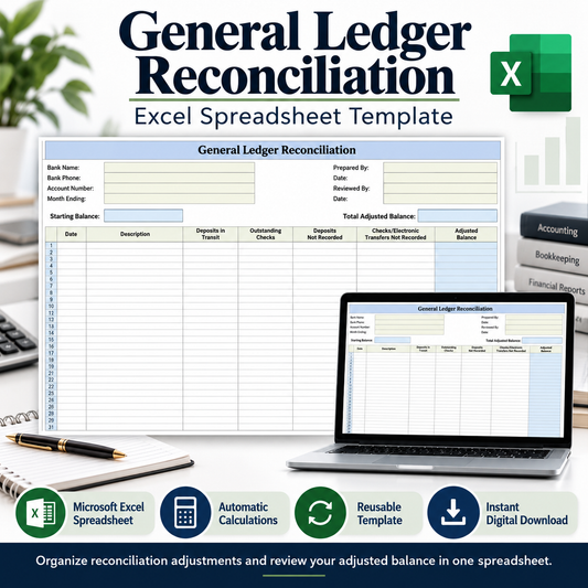 General Ledger Reconciliation Excel Template | Accounting & Bookkeeping Spreadsheet
