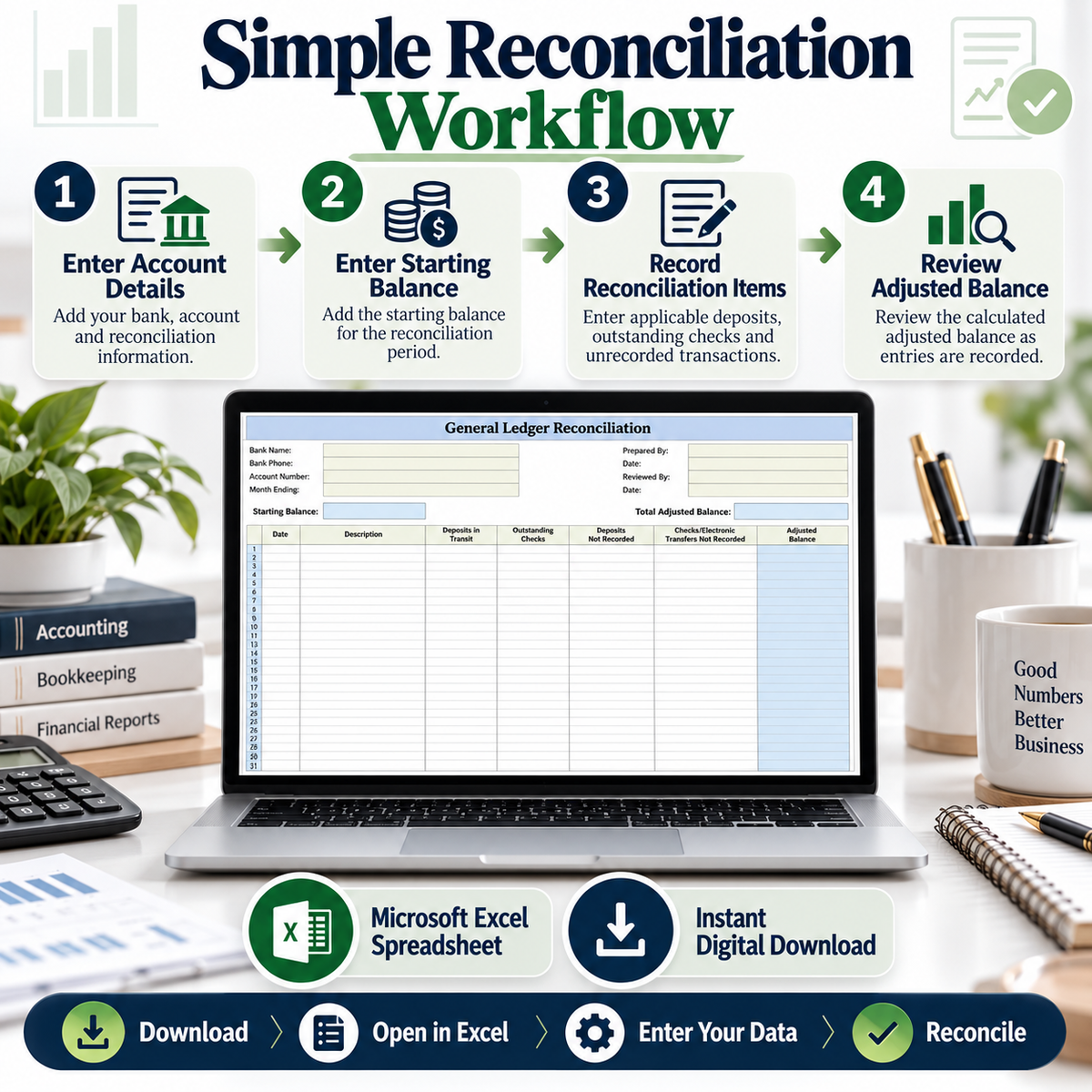 General Ledger Reconciliation Excel Template | Accounting & Bookkeeping Spreadsheet