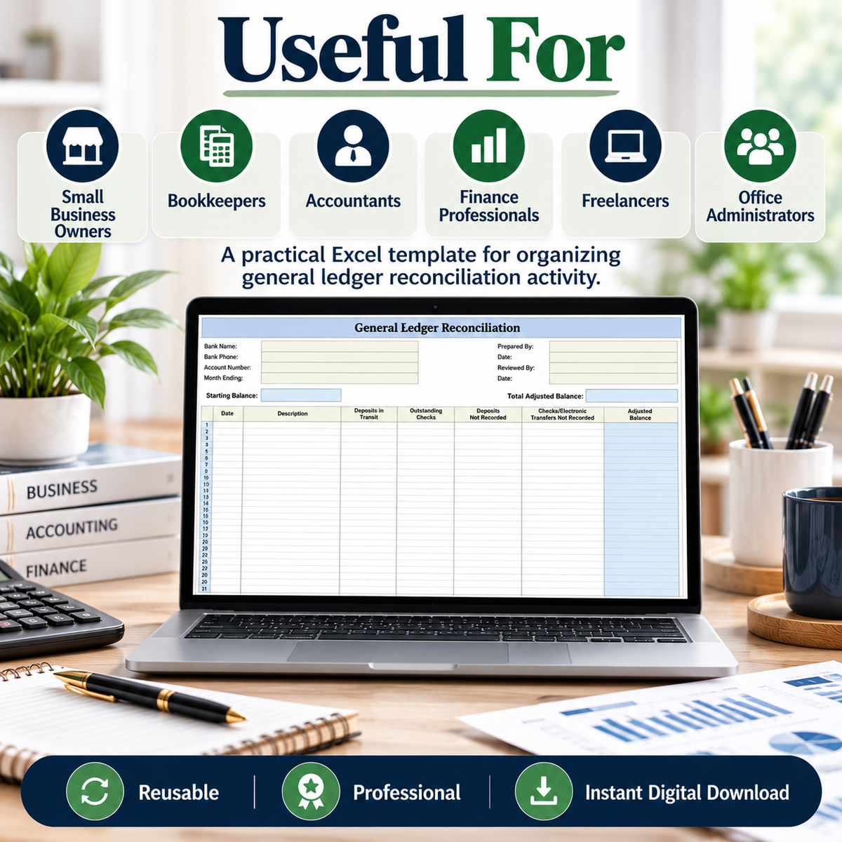 General Ledger Reconciliation Excel Template | Accounting & Bookkeeping Spreadsheet