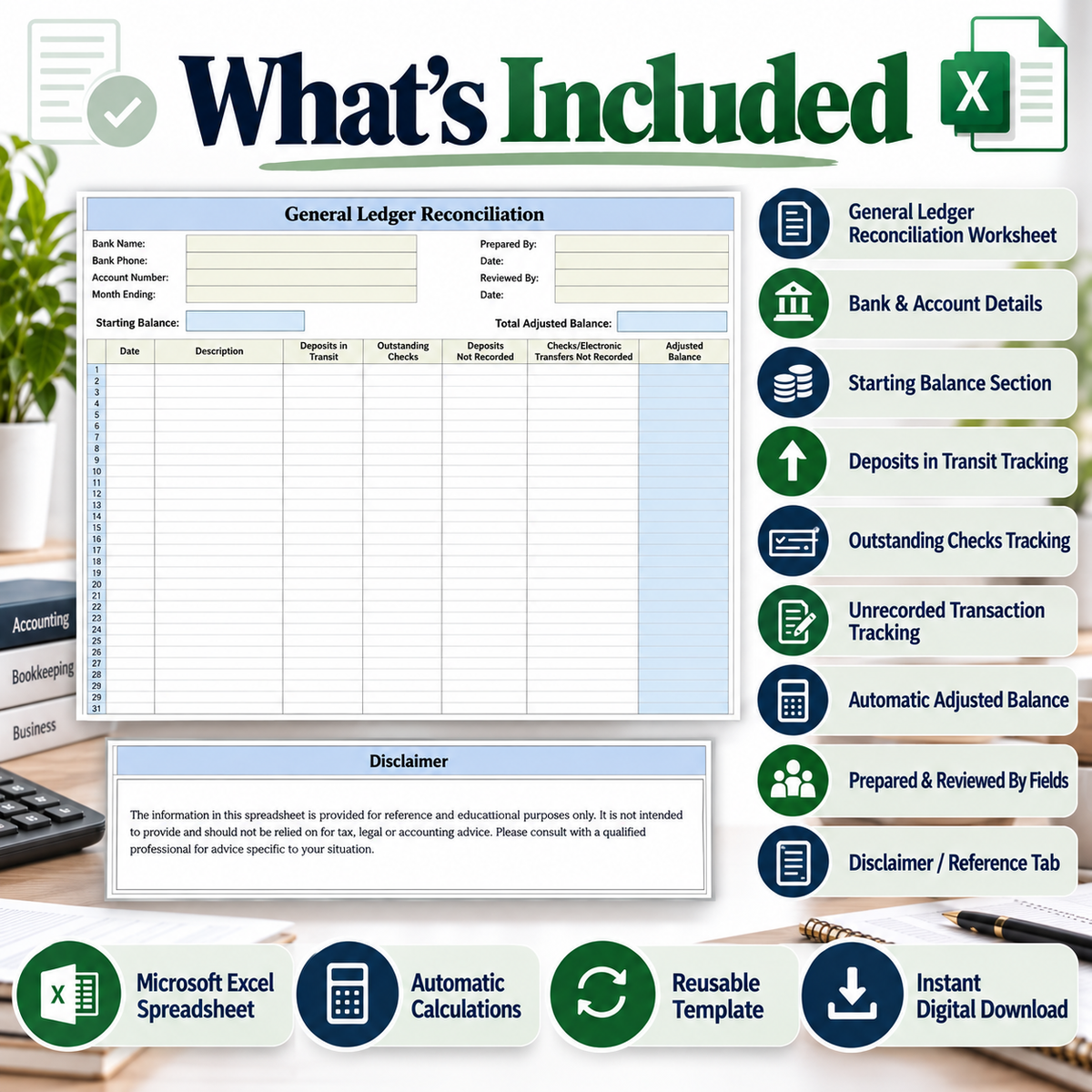 General Ledger Reconciliation Excel Template | Accounting & Bookkeeping Spreadsheet