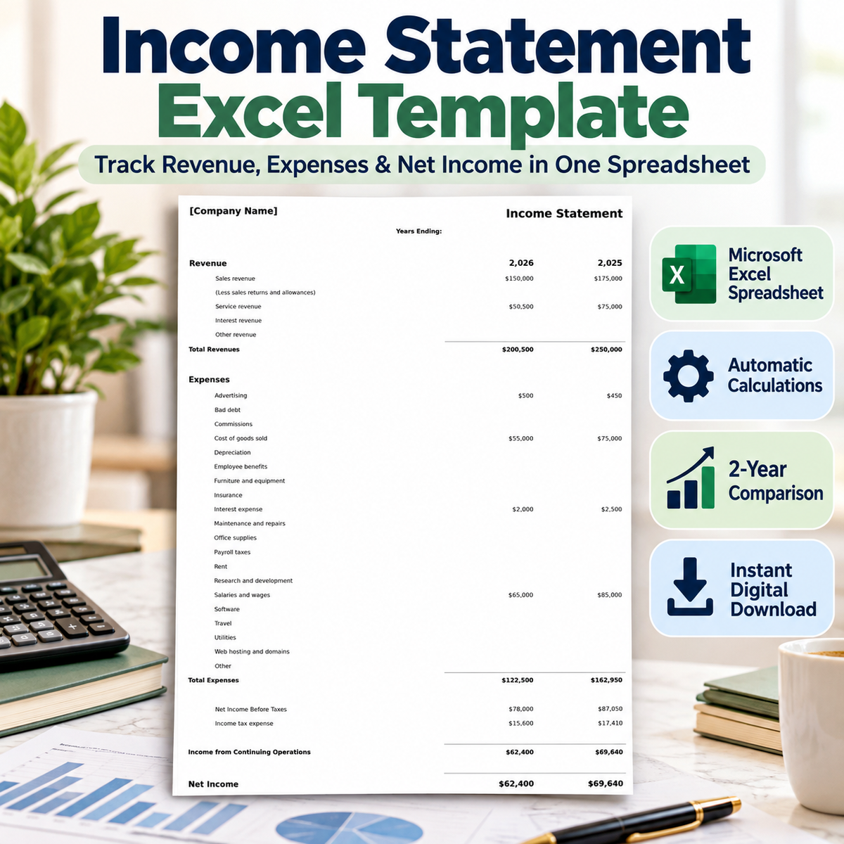 Income Statement Excel Template | 2-Year Profit & Loss Spreadsheet | Revenue & Expense Tracker