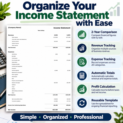 Income Statement Excel Template | 2-Year Profit & Loss Spreadsheet | Revenue & Expense Tracker