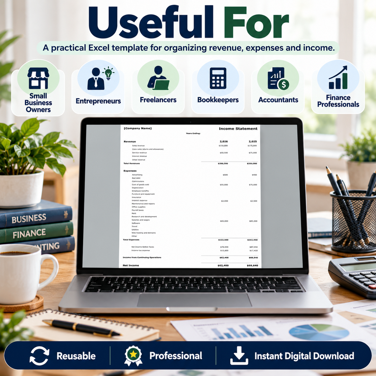 Income Statement Excel Template | 2-Year Profit & Loss Spreadsheet | Revenue & Expense Tracker