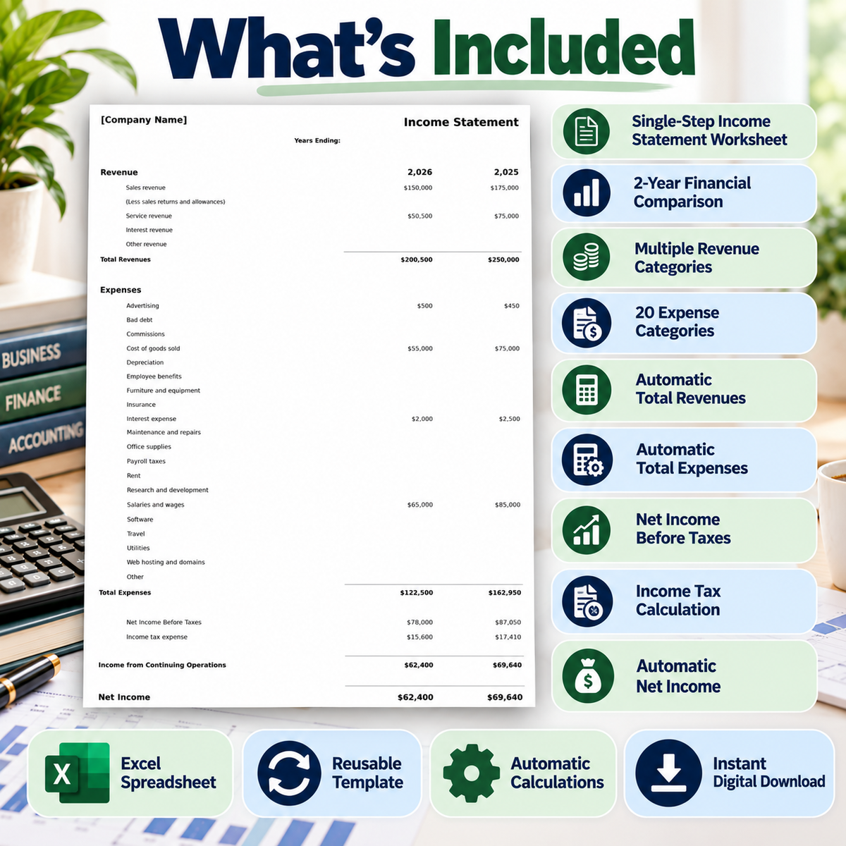 Income Statement Excel Template | 2-Year Profit & Loss Spreadsheet | Revenue & Expense Tracker