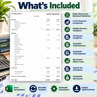Income Statement Excel Template | 2-Year Profit & Loss Spreadsheet | Revenue & Expense Tracker