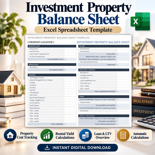 Investment Property Balance Sheet Excel Template | Rental Property Calculator & Financial Spreadsheet