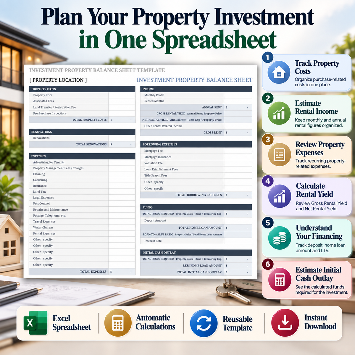 Investment Property Balance Sheet Excel Template | Rental Property Calculator & Financial Spreadsheet
