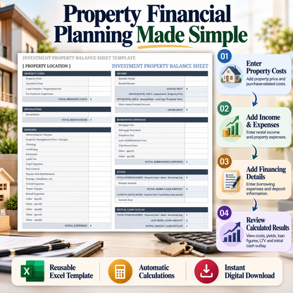 Investment Property Balance Sheet Excel Template | Rental Property Calculator & Financial Spreadsheet