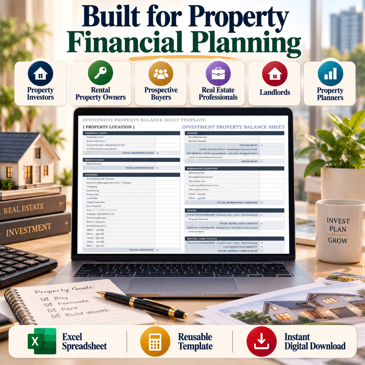 Investment Property Balance Sheet Excel Template | Rental Property Calculator & Financial Spreadsheet