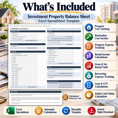 Investment Property Balance Sheet Excel Template | Rental Property Calculator & Financial Spreadsheet