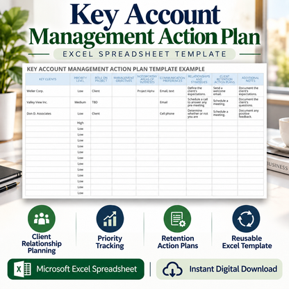 Key Account Management Action Plan Excel Template | Client Relationship & Retention Planner