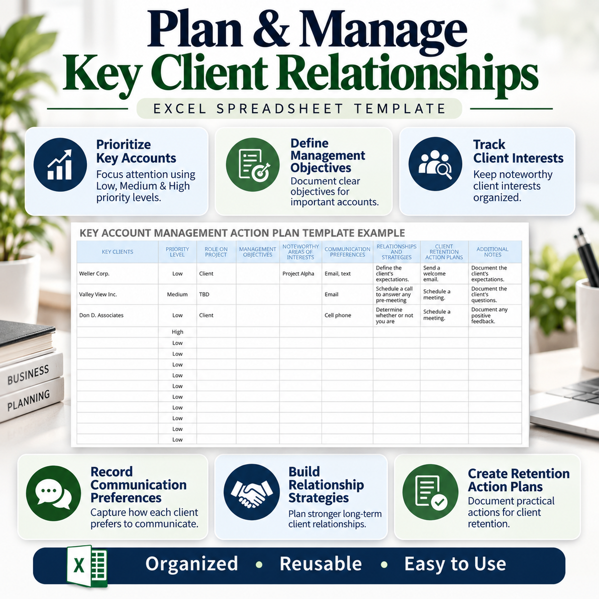 Key Account Management Action Plan Excel Template | Client Relationship & Retention Planner